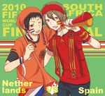  2boys bandana brown_eyes brown_hair flag headband horn_(instrument) koizumi_itsuki kyon kzr_(siesta) male_focus megaphone multiple_boys netherlands scarf spain suzumiya_haruhi_no_yuuutsu vuvuzela world_cup 