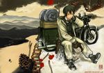  androgynous blood boots brough_superior carolyn_gan coat fur_hat gloves goggles green_hair ground_vehicle gun hat hermes holster kino kino_no_tabi luggage motor_vehicle motorcycle pinecone resting reverse_trap short_hair snow solo tomboy weapon 