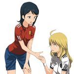  2girls a1 ahoge blonde_hair blue_eyes blue_hair clothes_writing germany green_eyes hair_ornament hoshii_miki idolmaster idolmaster_(classic) idolmaster_dearly_stars jersey long_hair mizutani_eri multiple_girls simple_background soccer_uniform spain sportswear sweat world_cup 