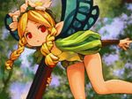 blonde_hair bow_(weapon) braid butterfly_wings crossbow fairy flower hair_flower hair_ornament mercedes odin_sphere pointy_ears puff_and_slash_sleeves puffy_sleeves red_eyes shigatake solo twin_braids weapon wings 
