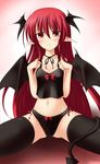  bat_wings blush bow camisole demon_tail frown gisyo head_wings highres koakuma long_hair panties pointy_ears red_eyes red_hair see-through solo tail thighhighs touhou underwear wings 
