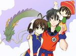  2girls 4chan antenna_hair blue_eyes blue_hair brown_eyes brown_hair carrying chi-chi_(dragon_ball) chi-chi_(dragon_ball)_(cosplay) clannad clothes_writing cloud cosplay crossover dragon dragon_ball dragon_ball_(object) dragon_ball_z drawfag family furukawa_nagisa hair_ribbon hand_on_shoulder hat multiple_girls okazaki_tomoya okazaki_ushio parody ponytail ribbon shenlong_(dragon_ball) short_hair shoulder_carry smile son_gohan son_gohan_(cosplay) son_gokuu son_gokuu_(cosplay) 