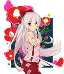  flower fujiwara_no_mokou hair_ribbon outstretched_arm outstretched_hand red_eyes ribbon smile solo tadataka touhou 