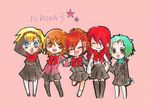  aegis_(persona) android aqua_hair blonde_hair bow brown_hair chibi closed_eyes everyone female_protagonist_(persona_3) hair_ornament hairclip kakao-kaka kirijou_mitsuru long_hair multiple_girls pantyhose persona persona_3 persona_3_portable red_hair school_uniform short_hair skirt smile takeba_yukari yamagishi_fuuka 