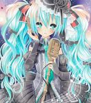  aqua_eyes aqua_hair ayuayu bad_id bad_pixiv_id bow bridal_gauntlets dress hair_bow hatsune_miku long_hair microphone microphone_stand necktie sample solo traditional_media twintails very_long_hair vintage_microphone vocaloid 