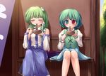  bare_legs closed_eyes detached_sleeves eating food green_hair heterochromia kochiya_sanae lzh multiple_girls noodles sitting smile soba tatara_kogasa tears touhou 