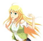  :d ahoge bare_shoulders blonde_hair casual collarbone eyebrows_visible_through_hair green_eyes green_vest hoshii_miki idolmaster idolmaster_(classic) idolmaster_2 jewelry long_hair looking_at_viewer necklace nishi_(count2.4) off-shoulder_shirt open_clothes open_mouth open_vest pink_ribbon ribbon shiny shiny_hair shirt short_sleeves simple_background smile solo star tareme very_long_hair vest white_background white_shirt 