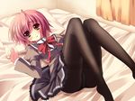  a_flow ass bed black_legwear blush copyright_request highres legs lying on_back panties panties_under_pantyhose pantyhose red_eyes red_hair school_uniform solo thighband_pantyhose toe-point underwear upskirt 