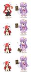  &gt;_&lt; &gt;_o 2girls :&gt; :&lt; barefoot bat_wings blush_stickers book chibi chiro_(bocchiropafe) closed_eyes comic cowering crescent hat head_wings highres koakuma long_hair multiple_girls no_mouth no_nose one_eye_closed patchouli_knowledge pentagram purple_eyes purple_hair red_eyes red_hair scared silent_comic simple_background tears touhou white_background wings 