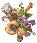  bell belt belt_buckle brown_footwear brown_gloves buckle children_of_mana closed_eyes closed_mouth freckles fringe_trim full_body gloves green_hat hammer hat highres holding holding_weapon official_art pouch purple_scarf scarf seiken_densetsu shoes solo stitches wanderer_(children_of_mana) weapon whiskers 