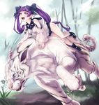  bow hair_bow kozou_(neko_no_kubi_ni_suzu) long_hair open_mouth original purple_eyes purple_hair riding short_shorts shorts sleeves_past_wrists solo tiger twintails white_tiger 