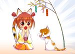  animal_ears barefoot brown_hair cat cat_ears fang feet japanese_clothes kimono lee_(colt) original red_eyes solo tail tanabata tanzaku tears translated twintails 
