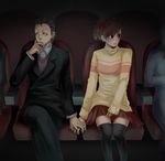  1girl adkngy blush couple female_protagonist_(persona_3) hair_ornament hairclip hetero holding_hands lowres odagiri_hidetoshi persona persona_3 persona_3_portable short_hair skirt sweater thighhighs 