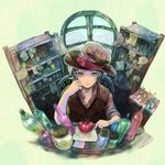  androgynous bottle fisheye green_eyes green_hair hat original paper routemoc shelf solo vest 