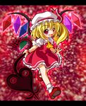  ascot bad_id bad_pixiv_id blonde_hair blush bow fang flandre_scarlet laevatein open_mouth ponytail red_eyes shinjitsu short_hair side_ponytail smile solo touhou vampire wings 