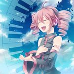  ahoge bad_id bad_pixiv_id binzoko_megane_(san-inch) closed_eyes detached_sleeves drill_hair hand_on_own_chest headphones headset kasane_teto music musical_note open_mouth piano_keys pink_hair singing smile solo twin_drills twintails utau 