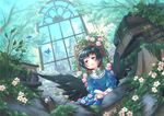  acrylic_paint_(medium) bad_id bad_pixiv_id black_eyes black_hair black_wings book bug butterfly dress fantasy flower insect kajiya_(kindergarten21) original plant short_hair solo traditional_media window wings 