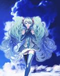  bad_id bad_pixiv_id cloud elbow_gloves gloves green_hair hatsune_miku highres kansou_samehada long_hair necktie skirt sky solo thighhighs twintails very_long_hair vocaloid 