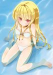  :o arm_support barefoot bikini blonde_hair frilled_bikini frills long_hair looking_at_viewer navel original partially_submerged red_eyes shallow_water shiny shiny_hair shuuichi_(gothics) sitting solo swimsuit wariza water 