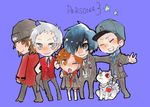  amada_ken animal aragaki_shinjirou beanie blue_hair brown_hair chibi closed_eyes dog everyone hat iori_junpei kakao-kaka koromaru multiple_boys persona persona_3 sanada_akihiko school_uniform smile trench_coat yuuki_makoto 