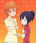  alternate_hairstyle blue_eyes blush collarbone inami_mahiru multiple_girls open_mouth orange_eyes orange_hair pajamas purple_hair ribonzu shirt_grab short_hair standing wet wet_hair working!! yamada_aoi 