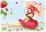  barefoot blue_eyes bow braid dress flower food fruit holding holding_food holding_fruit motion_lines non-web_source original red_hair ribbon sitting solo star strawberry strawberry_blossoms umbrella yuunagi_seshina 