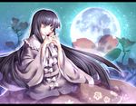  black_eyes black_hair bow flower frills full_moon hands_clasped houraisan_kaguya japanese_clothes long_hair moon namuko night own_hands_together solo touhou very_long_hair 