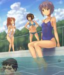  3girls adjusting_goggles asahina_mikuru ayastyle barefoot bikini blood blue_bikini blue_swimsuit breasts brown_eyes brown_hair caustics chain-link_fence cloud day drain_(object) fence flat_chest goggles hair_ribbon hashi hirano_aya koizumi_itsuki kyon large_breasts multiple_boys multiple_girls nagato_yuki nosebleed one-piece_swimsuit outdoors pool poolside purple_hair ribbon seiyuu_connection short_hair sitting slingshot_swimsuit soaking_feet submerged suzumiya_haruhi suzumiya_haruhi_no_yuuutsu swimsuit tree water white_swimsuit 