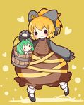  blonde_hair bow bucket chibi green_hair hair_bow hanuu_(kemomiku) heart highres in_bucket in_container kisume kurodani_yamame multiple_girls short_hair touhou twintails wooden_bucket 