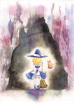  broom cave from_behind hat kirisame_marisa millipen_(medium) multiple_girls shanghai_doll shiroaisa touhou traditional_media watercolor_(medium) witch_hat 
