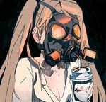  blonde_hair breasts cleavage drink drinking drinking_straw gas_mask medium_breasts original reflection rei_(pixiv_187780) solo twintails 