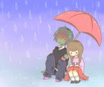  1girl bad_id bad_pixiv_id black_hair braid brown_hair chibi green_skin madotsuki shitaisan sitting skirt squatting twin_braids umbrella yume_nikki 