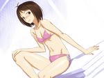  antenna_hair arm_support bangs bare_shoulders bikini blush breasts brown_eyes brown_hair cleavage dutch_angle from_side gradient hand_on_own_knee hidaka_ai idolmaster idolmaster_dearly_stars inu_(aerodog) leg_up light_smile looking_at_viewer looking_back mat navel net purple_bikini short_hair side-tie_bikini sitting small_breasts smile solo swimsuit volleyball_net 
