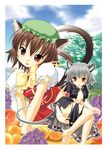  animal_ears barefoot blush brown_hair cat_ears cat_tail chen food fruit grapes grey_hair hat md5_mismatch mouse_ears mouse_tail multiple_girls multiple_tails nazrin panties red_eyes seminoyu short_hair tail torn_clothes touhou underwear 