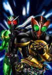  antennae belt kamen_rider kamen_rider_double kamen_rider_ooo kamen_rider_ooo_(series) kamen_rider_w momopon multiple_boys scarf 