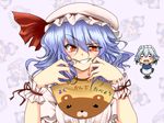  bib blue_hair blush braid chibi izayoi_sakuya kamo_(yokaze) maid_headdress multiple_girls orange_eyes remilia_scarlet short_hair silver_hair touhou wrist_cuffs 