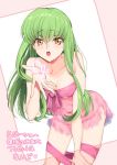  blush breasts c.c. camisole cleavage code_geass creayus doujinshi eyebrows_visible_through_hair green_hair long_hair looking_at_viewer medium_breasts open_mouth simple_background solo twitter_username underwear yellow_eyes 