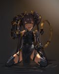  1girl absurdres alcoholism_(wf446066985) bangs black_hair breasts chinese_clothes demon_tail eyebrows_visible_through_hair hair_between_eyes hair_ornament hand_up highres looking_at_viewer mecha_musume mechanical_arms mechanical_legs mechanical_parts mechanical_tail open_mouth original simple_background sitting small_breasts smile solo strap tail yellow_eyes 