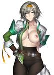  belt breast_slip breasts cassandra_alexandra collarbone crotch_seam hairband hand_on_hip kansuke large_breasts nipples one_breast_out open_clothes open_shirt panties panties_under_pantyhose pantyhose shirt solo soulcalibur underwear 
