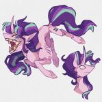  1girl animal colored_skin commentary constricted_pupils crazy_eyes crazy_smile cutie_mark disaterror equal_sign evil_smile eyelashes fangs full_body highres hooves horns looking_at_viewer messy_hair multicolored_hair multiple_views my_little_pony my_little_pony:_friendship_is_magic open_mouth pointy_nose pony_(animal) purple_skin ribs sharp_teeth single_horn skinny smile starlight_glimmer symbol-only_commentary teeth tongue two-tone_hair unicorn wide-eyed 