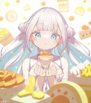  1girl baronilu blue_eyes blush cake cake_slice cone_hair_bun detached_sleeves food fruit hair_bun hands_up highres katsute_mahou_shoujo_to_aku_wa_tekitai_shiteita lemon lemon_slice long_hair looking_down magical_girl mimori_byakuya open_mouth parfait sidelocks solo swiss_roll very_long_hair white_hair 