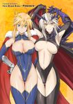  areola_slip areolae armpits arms_up artoria_pendragon_(all) artoria_pendragon_(lancer) artoria_pendragon_(lancer_alter) ass_visible_through_thighs black_gloves blonde_hair blood blue_gloves blue_legwear bodysuit breasts cape cleavage covered_navel crown dark_persona elbow_gloves fate/grand_order fate_(series) gauntlets gloves grin groin highleg highleg_leotard highres large_breasts leotard looking_at_viewer multiple_girls navel onaya_masakazu pale_skin shiny shiny_skin sleeveless smile thighhighs white_hair yellow_eyes 