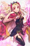  bangs black_leotard blonde_hair breasts cape commentary_request earrings ereshkigal_(fate/grand_order) fate/grand_order fate_(series) hair_ribbon holding holding_weapon jewelry leotard long_hair looking_at_viewer matsurika_youko medium_breasts parted_bangs red_cape red_eyes red_ribbon ribbon simple_background solo tiara weapon 