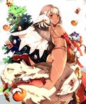  altera_(fate) altera_the_santa apple ass bangs bell bikini blush boots box brown_eyes card choker christmas_ornaments christmas_tree commentary_request dark_skin eyebrows_visible_through_hair fate/grand_order fate_(series) food fruit gift gift_box highres holding knee_boots looking_at_viewer looking_back mittens parted_lips red_bikini red_choker red_footwear riding shawl sheep short_hair solo star swimsuit venomrobo white_background white_hair white_mittens 
