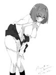  artist_name bangs blouse blush bob_cut breasts breasts_outside c: closed_mouth commentary_request dated eyebrows_visible_through_hair greyscale highres kneehighs large_breasts leaning_forward long_sleeves looking_at_viewer monochrome nipples original panties panty_pull school_uniform short_hair signature simple_background smile solo standing tabata_hisayuki underwear vibrator 