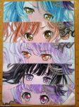  5girls absurdres aqua_hair bang_dream! black_hair brown_eyes brown_hair commentary earrings english_commentary fries_vanquisher green_eyes highres hikawa_sayo imai_lisa jewelry looking_at_viewer minato_yukina multiple_girls orange_eyes pink_eyes pink_hair purple_eyes purple_hair roselia_(bang_dream!) shirokane_rinko traditional_media udagawa_ako 