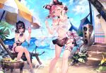  2girls animal_ears bare_shoulders beach beach_umbrella bikini black_hair bow breasts breeze_girl bridal_garter cellphone character_request choker cleavage cloud cup day drinking_glass drinking_straw earrings fake_animal_ears food fruit hair_bow hair_ornament hairband highres holding holding_phone jewelry large_breasts looking_at_viewer medium_breasts multiple_girls navel ocean official_art one-piece_swimsuit one_eye_closed outdoors palm_tree phone pink_eyes pink_hair see-through_clothes short_hair sitting sky smartphone smile speaker standing sunglasses swimsuit thigh_strap tree umbrella water xiangchizhubijin 