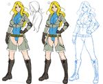  1girl blonde_hair breasts character_sheet curvy female full_body large_breasts leotard lilith-soft long_hair looking_at_viewer patty_venkman shiny simple_background sketch smile solo standing taimanin_(series) taimanin_asagi taimanin_asagi_battle_arena white_background zol 
