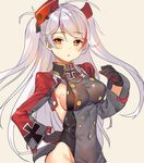  ahoge arm_up azur_lane blush breasts double-breasted eyebrows_visible_through_hair eyelashes gloves hand_on_hip headgear iron_cross looking_at_viewer medium_breasts mole mole_on_breast multicolored_hair parted_lips prinz_eugen_(azur_lane) shovelwell sideboob silver_hair streaked_hair two_side_up 