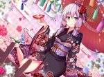  ahoge alcohol arm_up bad_id bad_pixiv_id bangs black_bow black_kimono bottle bow closed_mouth commentary_request cup egasumi eyebrows_visible_through_hair floral_print flower glass_bottle hair_between_eyes hair_bow hair_flower hair_ornament hair_over_shoulder holding japanese_clothes kimono long_sleeves looking_at_viewer low_twintails obi omuretsu oriental_umbrella petals pink_flower print_kimono purple_eyes purple_hair sakazuki sake sash sitting smile socks solo twintails umbrella vocaloid voiceroid white_legwear wide_sleeves yuzuki_yukari 